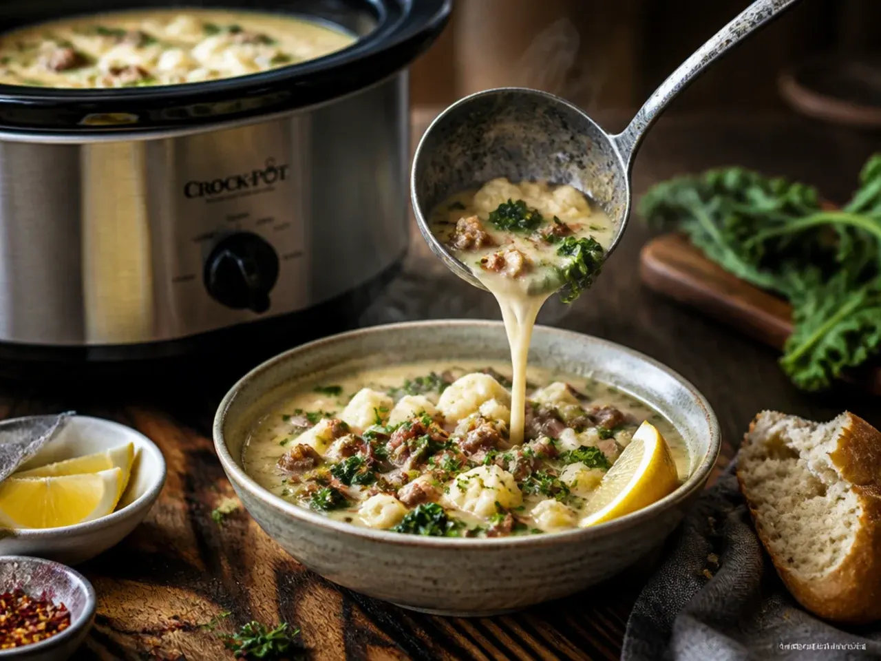 Low-carb zuppa toscana soup with cauliflower florets replacing most of the potato, in a white bowl