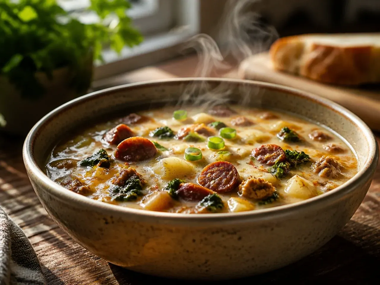 Smoky orange-tinged zuppa toscana soup with sliced chorizo and a dusting of smoked paprika on top