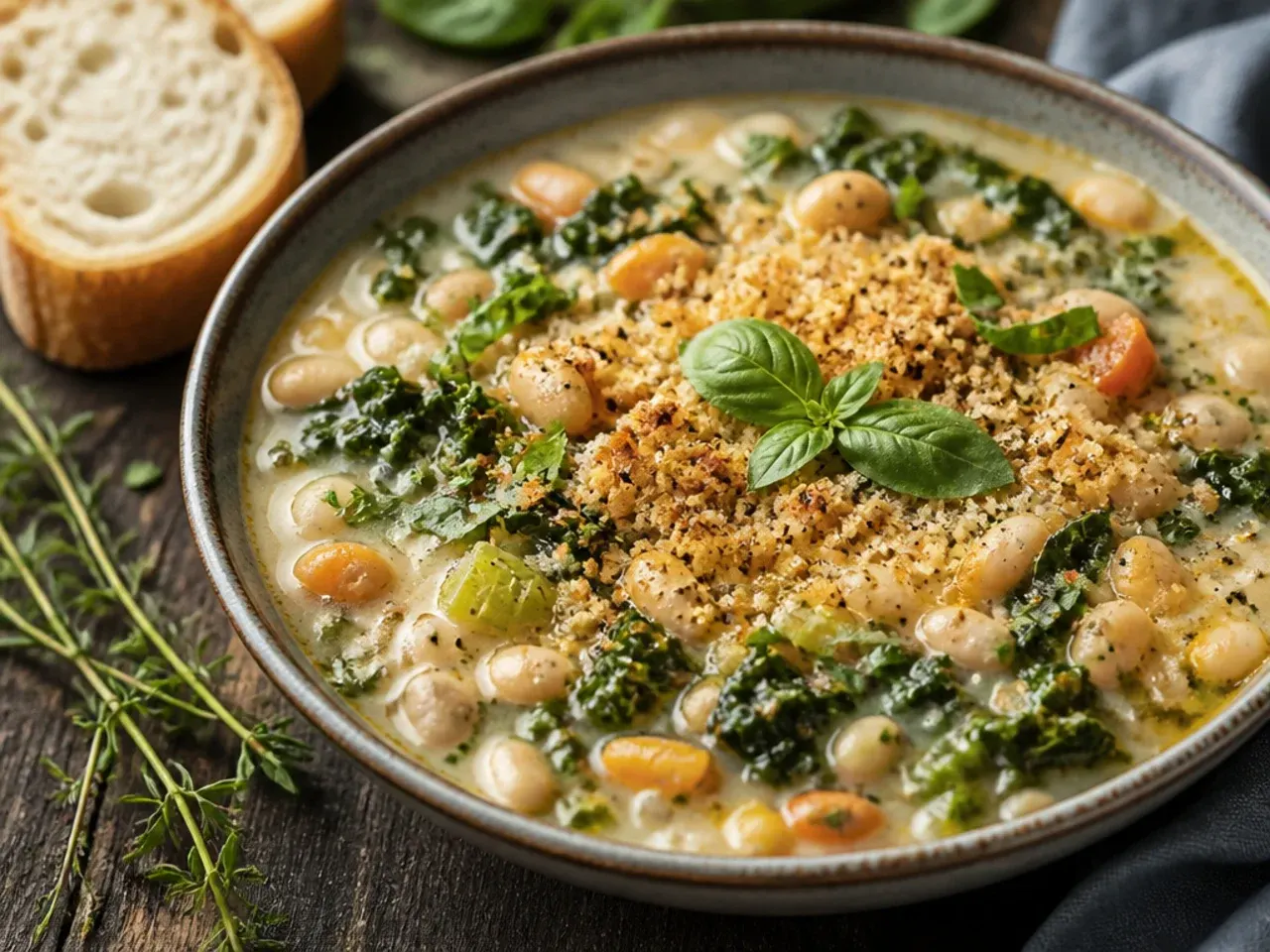 Vegetarian zuppa toscana soup with white cannellini beans, potatoes and kale in a smoky broth
