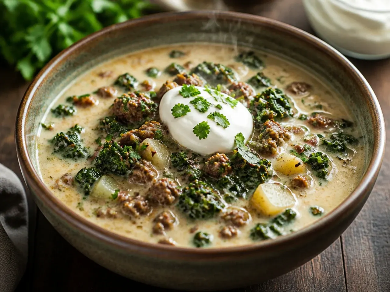 Zuppa toscana soup packed with both dark kale and wilted spinach leaves throughout the broth