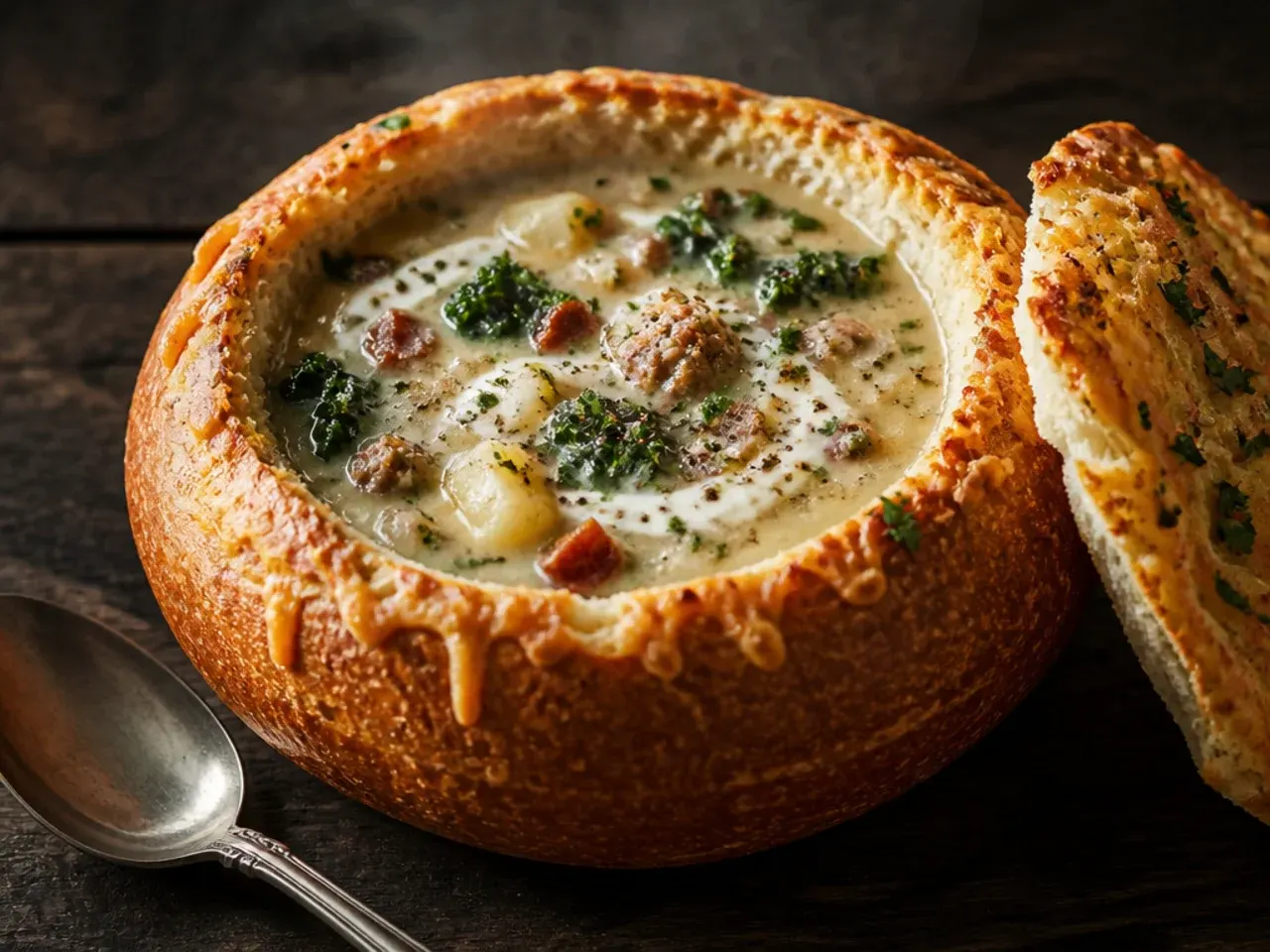 Zuppa toscana soup served inside a hollowed-out crusty bread bowl on a wooden board