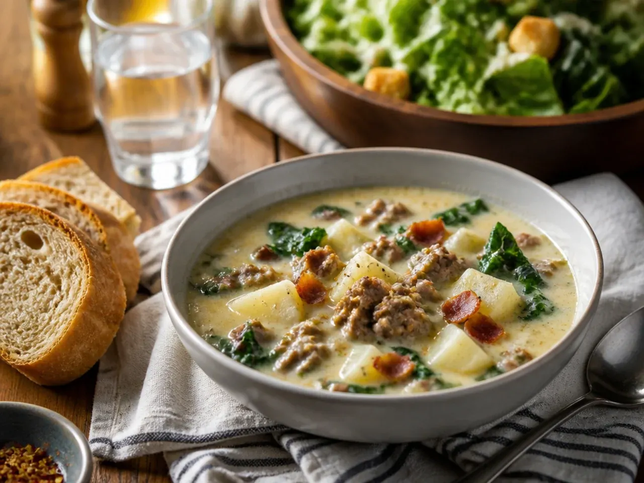 Table setting with a bowl of zuppa toscana soup, a basket of crusty bread and a simple green side salad
