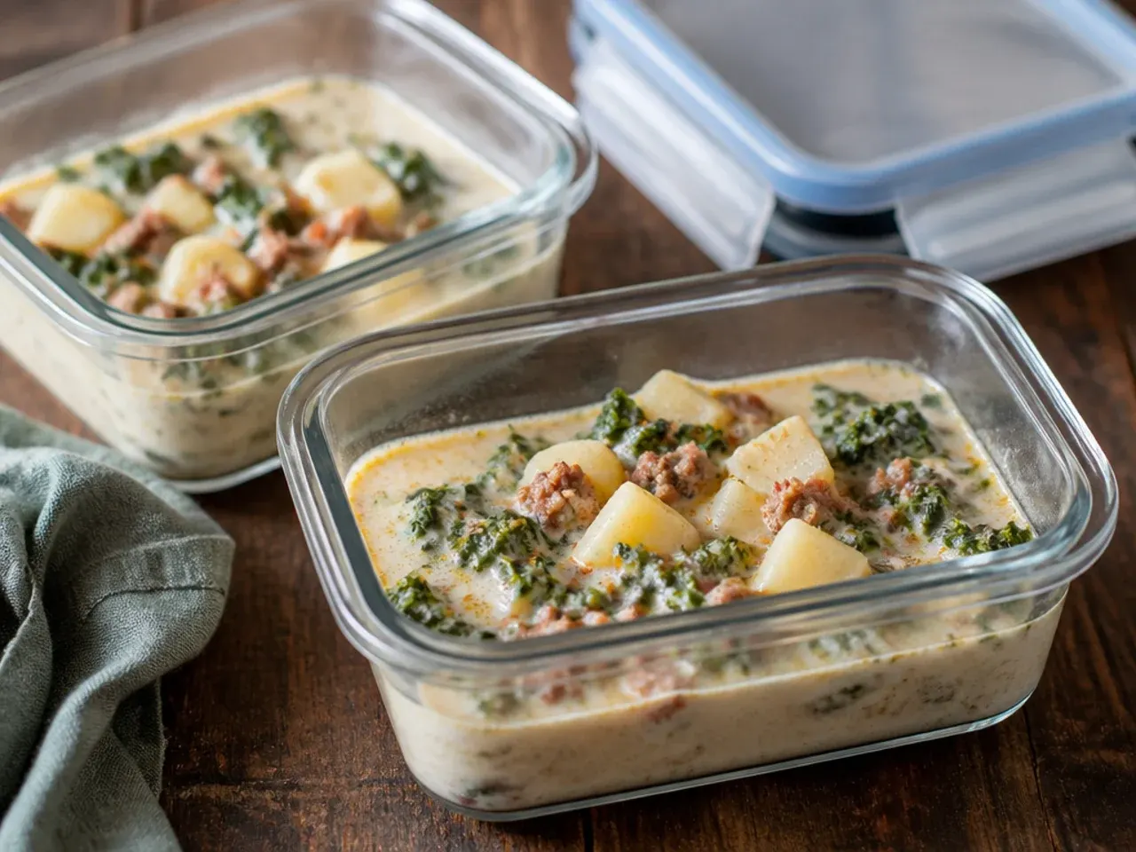 Glass airtight container of leftover zuppa toscana soup being stored in the fridge