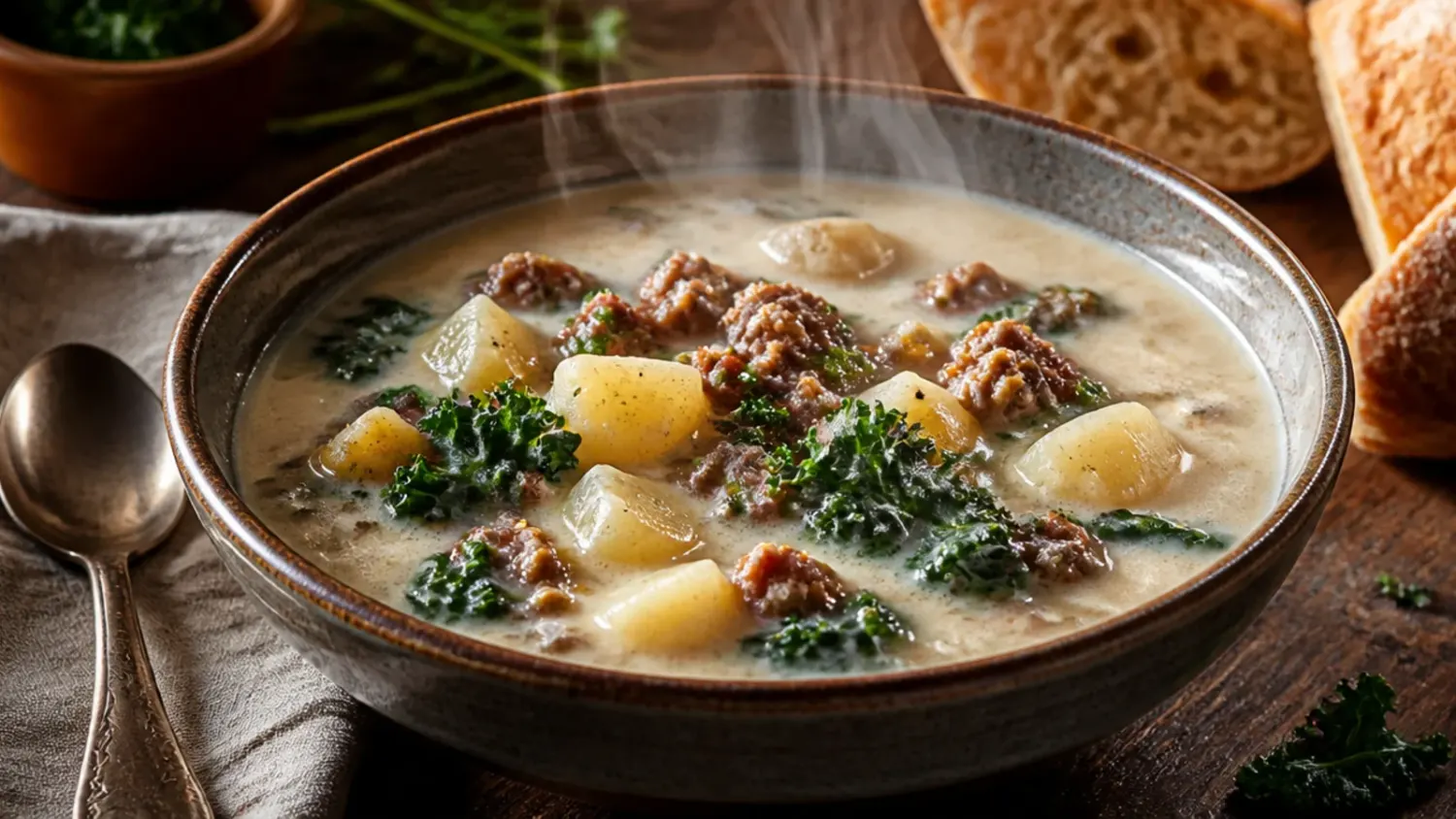 A rustic bowl of creamy zuppa toscana soup with sliced Italian sausage, tender potatoes, and wilted kale, steam rising, crusty bread on the side
