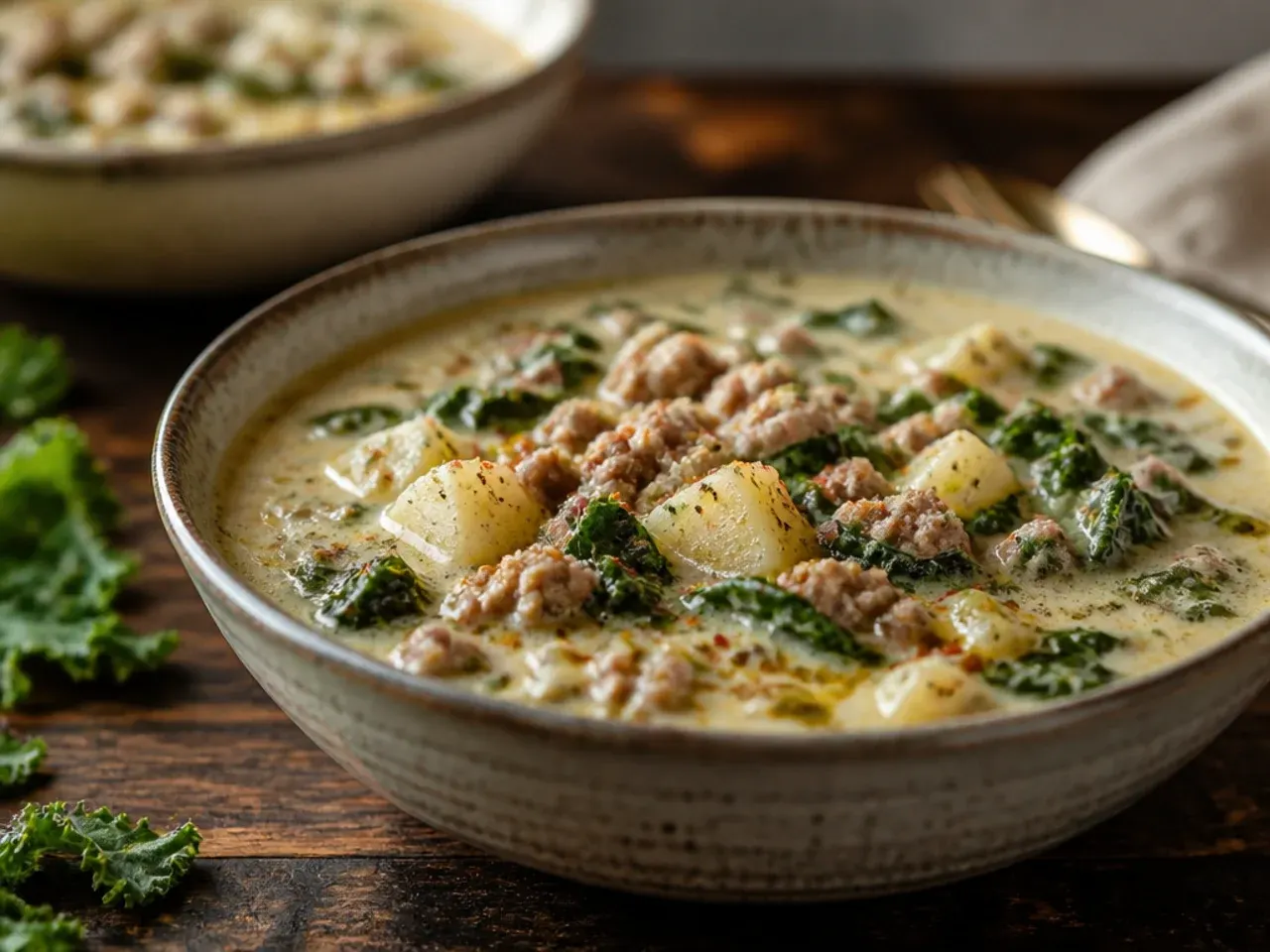 Crumbled Italian sausage browning in small pieces in a large soup pot