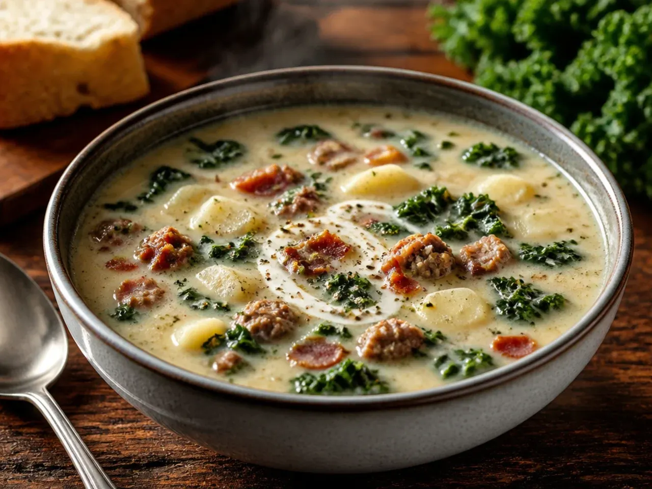 Cream being gently stirred into simmering zuppa toscana soup on low heat