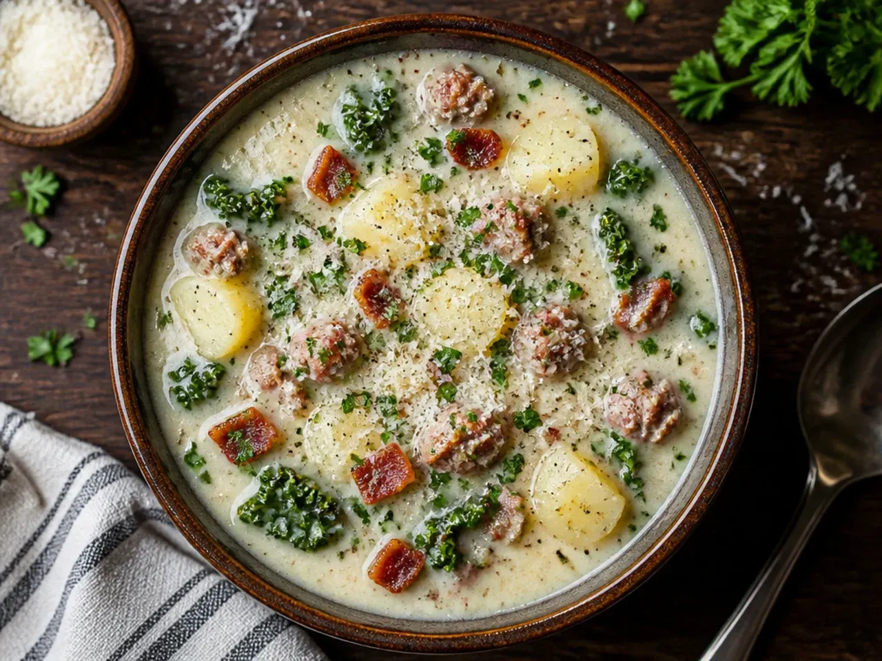 A wooden spoon tasting a ladle of finished zuppa toscana soup