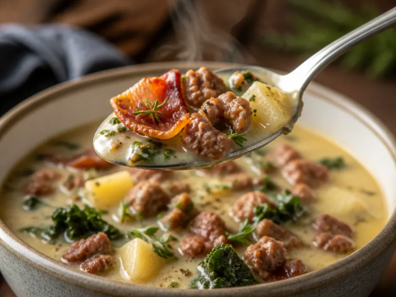 A wooden spoon deglazing browned bits from the bottom of a soup pot with broth
