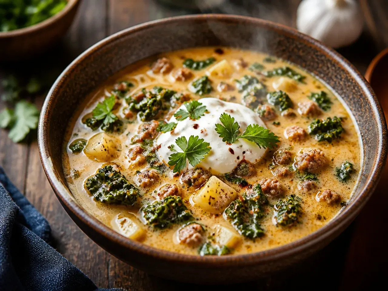 A pot of leftover zuppa toscana soup being gently reheated on low stovetop heat
