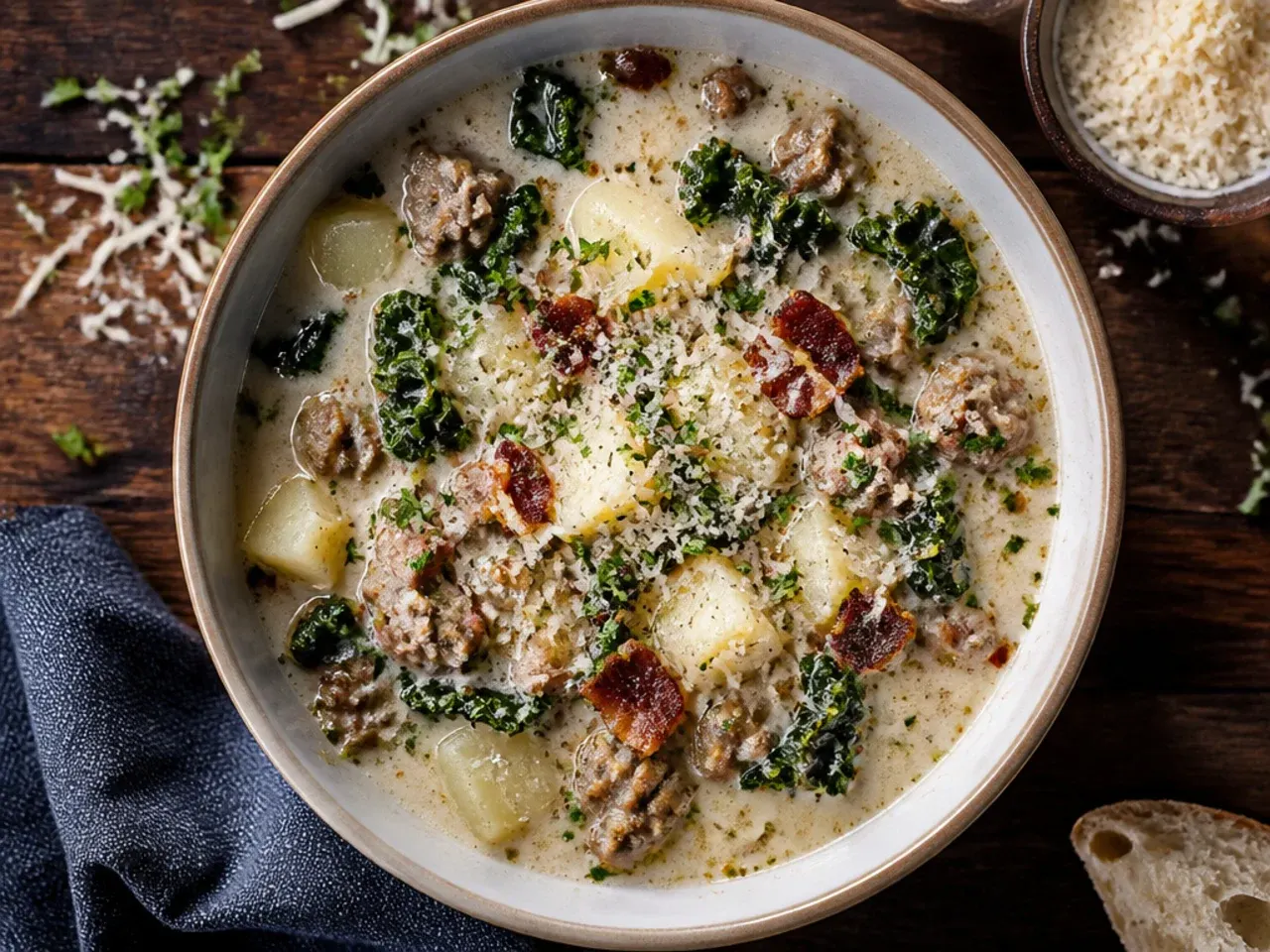 Two portions of zuppa toscana soup in bowls, one fresh and one from a frozen batch