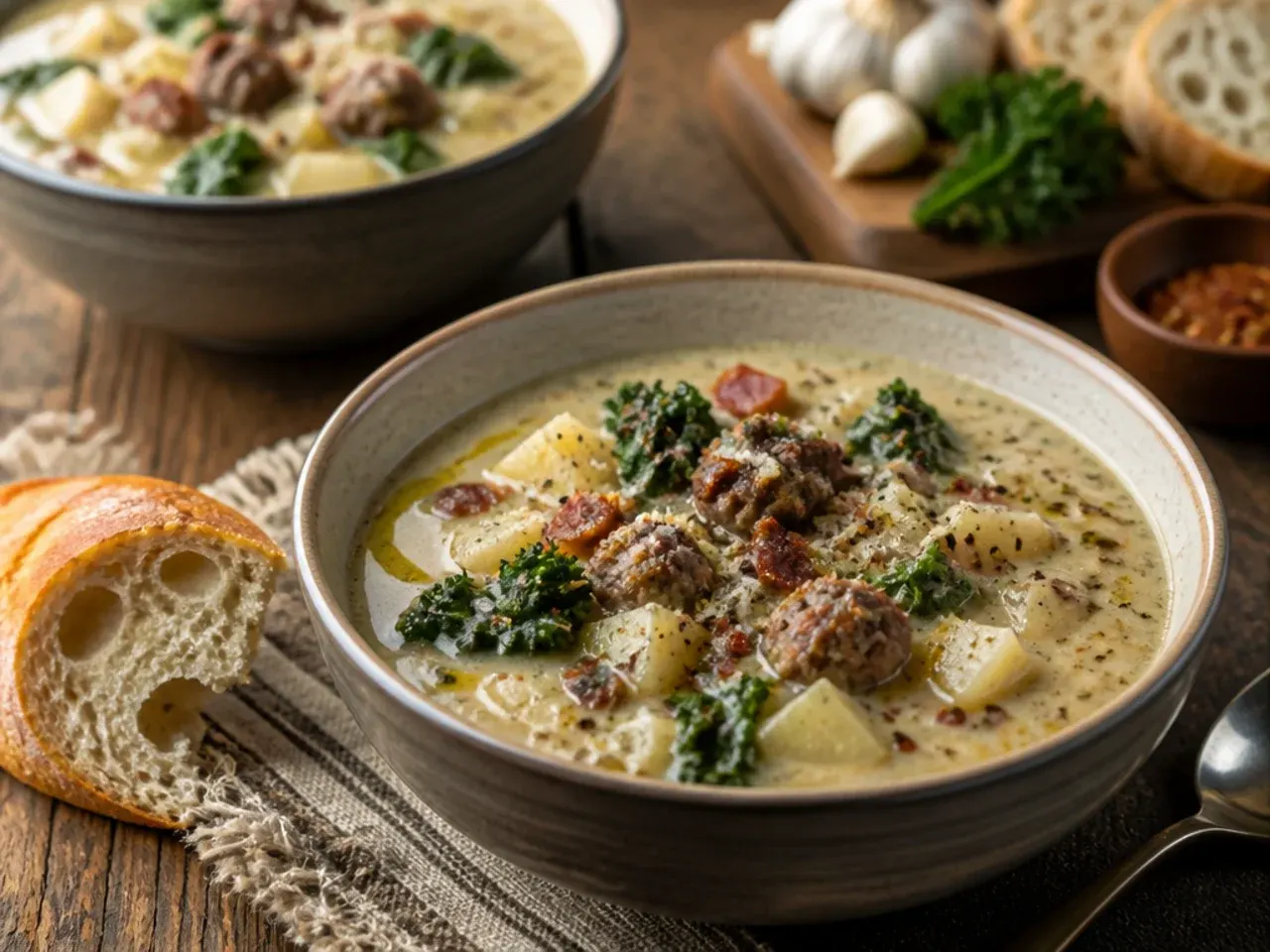A bowl of zuppa toscana soup served with a thick slice of crusty bread