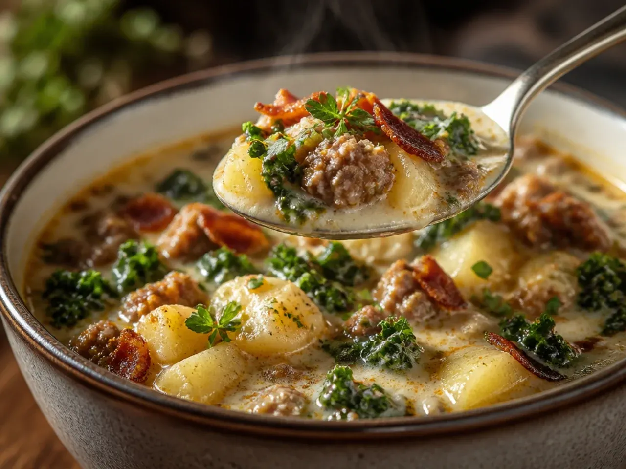A close-up of the finished creamy zuppa toscana soup being seasoned with black pepper