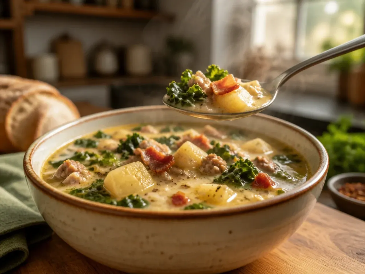 A finished pot of zuppa toscana soup with two bowls ladled out and ready to serve