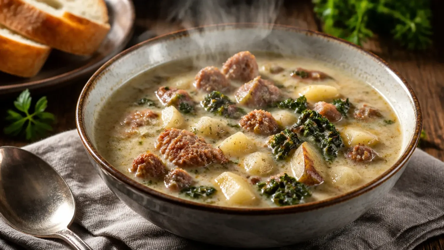 Overhead shot of a pot of zuppa toscana soup with sliced sausage, potatoes and kale in a creamy broth, topped with grated Parmesan