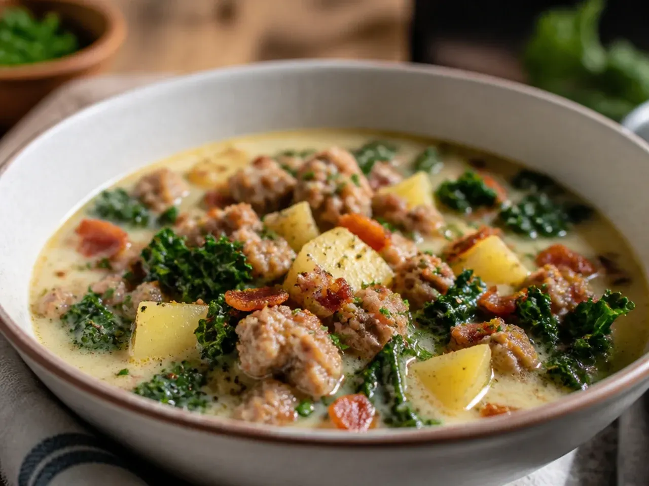 A steaming bowl of zuppa toscana soup with sausage, kale and potatoes, topped with grated Parmesan
