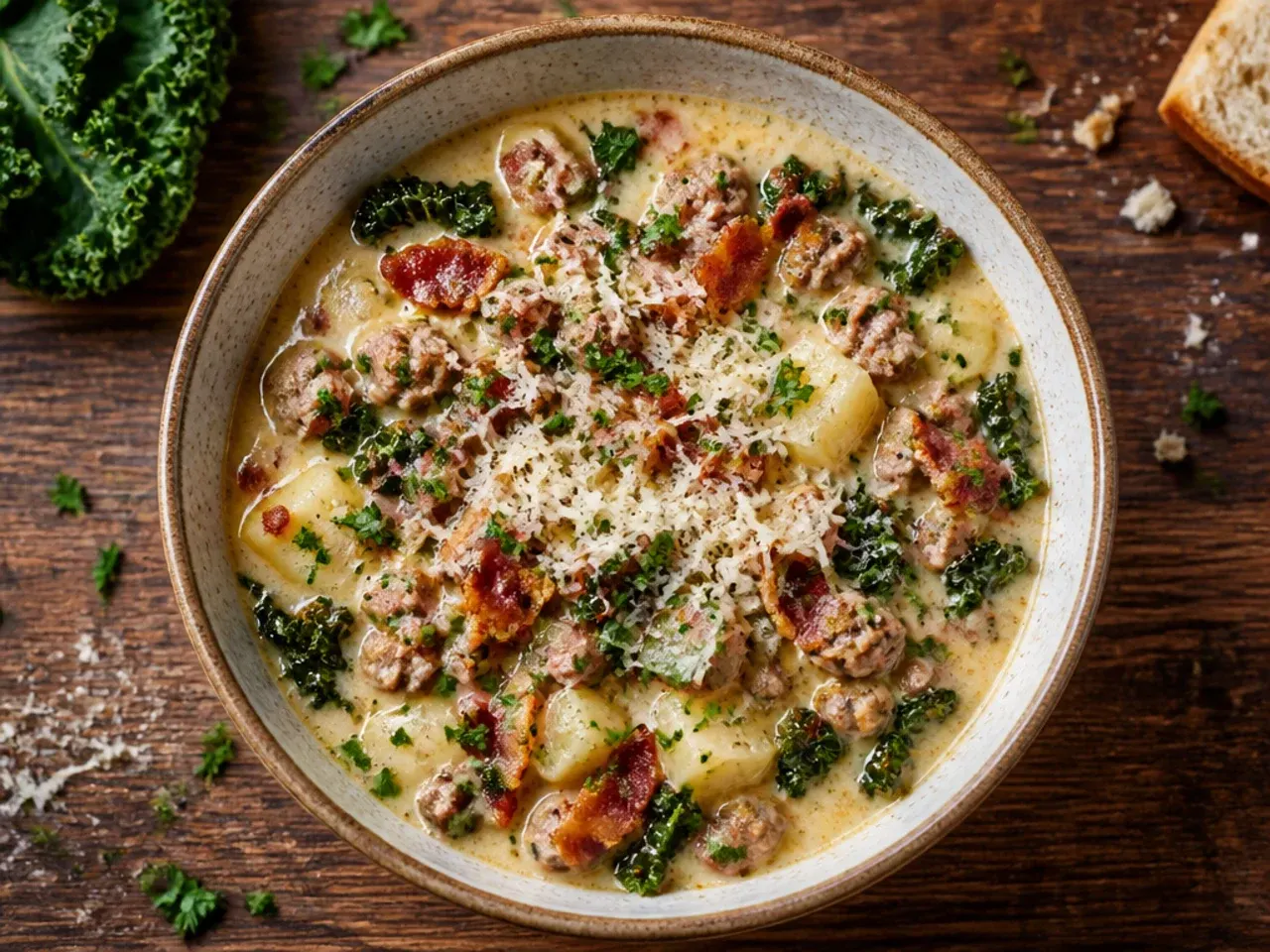 Classic zuppa toscana soup with browned Italian sausage, crispy bacon and kale in a creamy broth