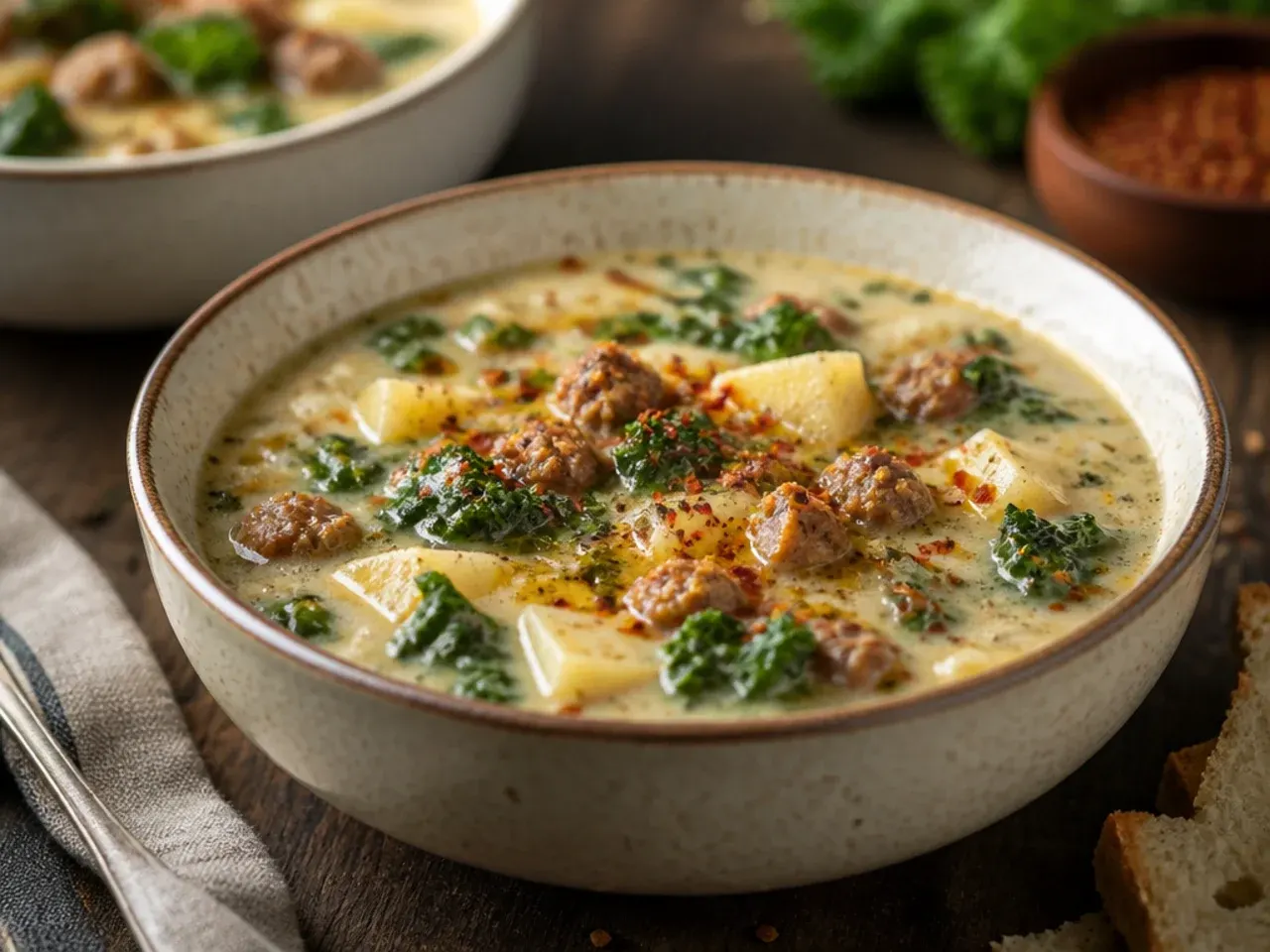 A quick one-pot zuppa toscana soup made with frozen hash browns and pre-cooked bacon bits