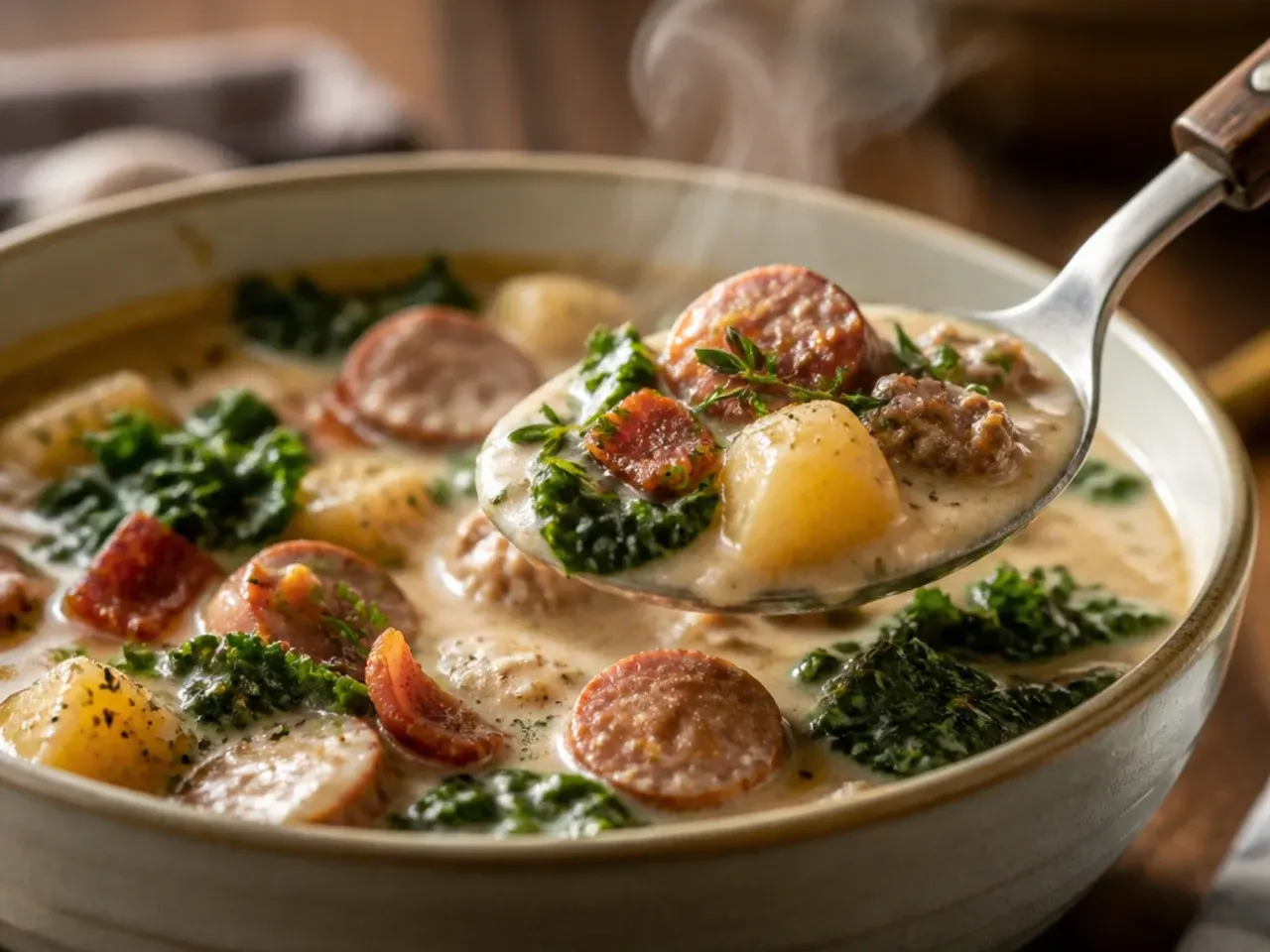 Hearty zuppa toscana soup loaded with sliced Italian sausage and smoked kielbasa