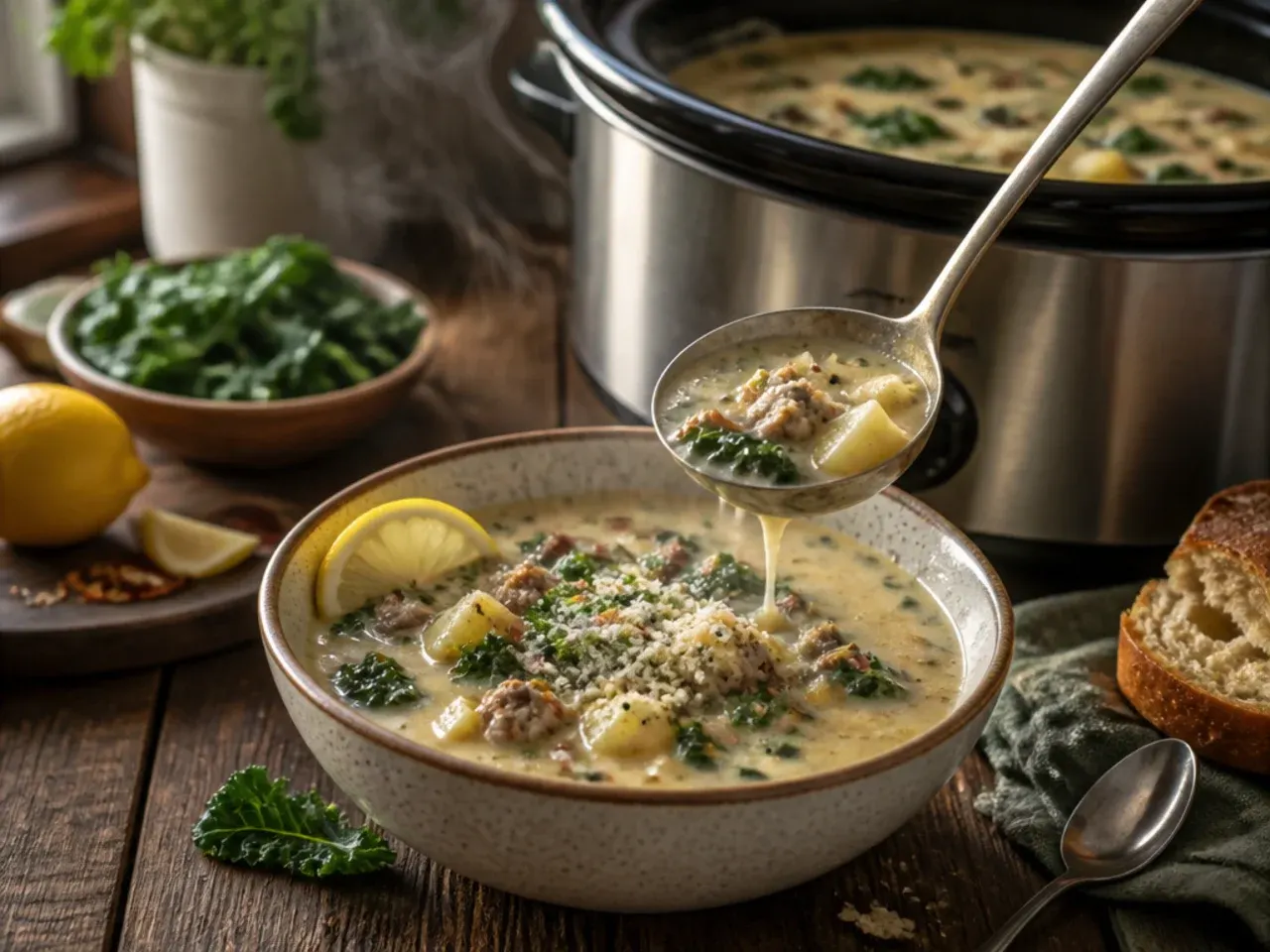 Slow cooker filled with zuppa toscana soup, potatoes, sausage and kale ready to serve