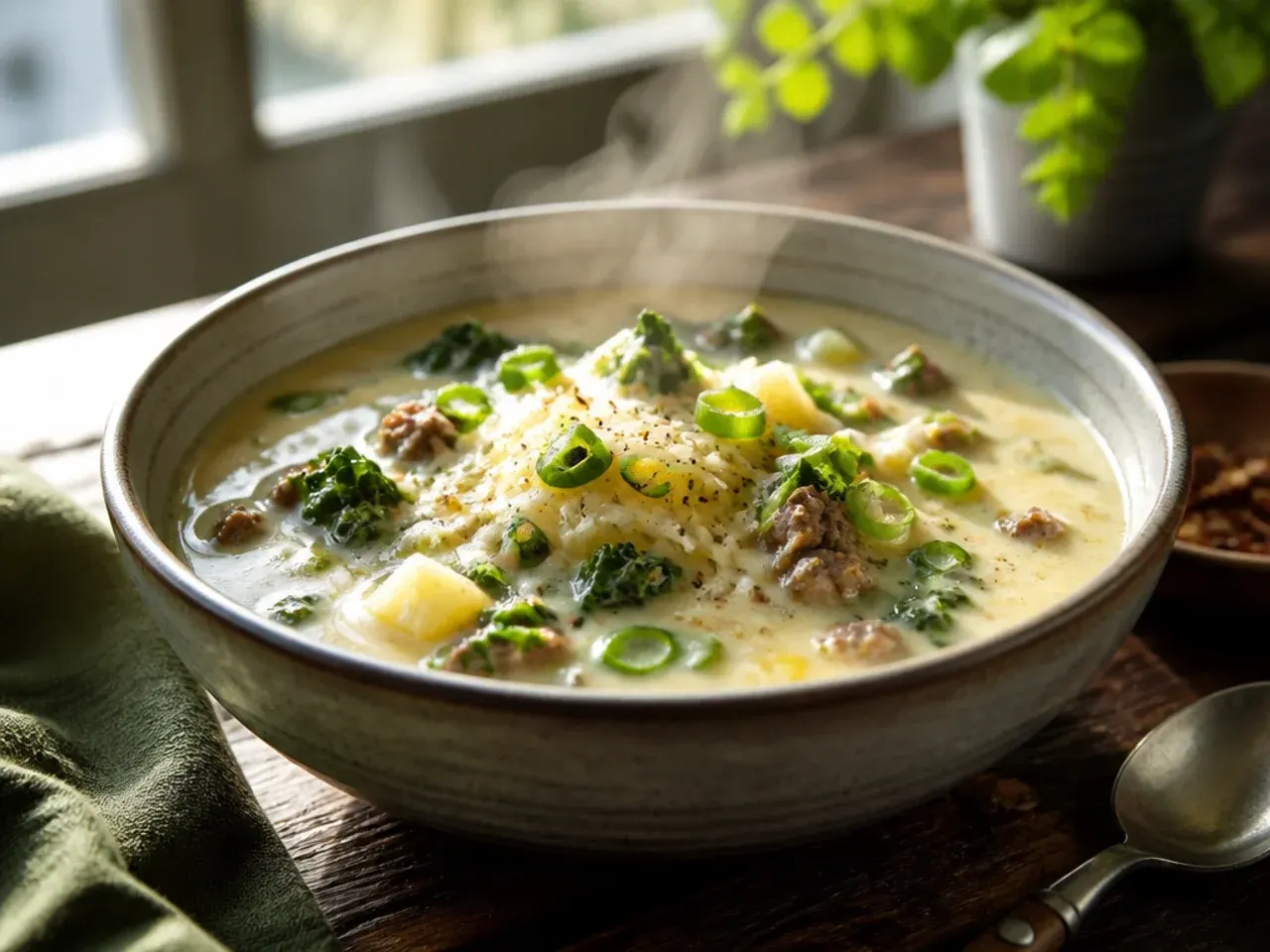 Extra creamy zuppa toscana soup made with mascarpone cheese, glossy and thick