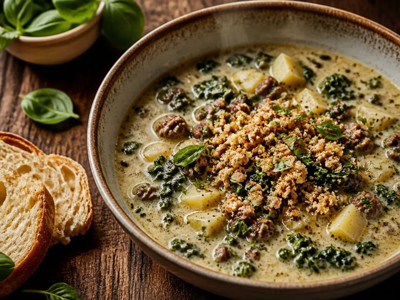 Simple six-ingredient zuppa toscana soup in a rustic bowl with a spoon