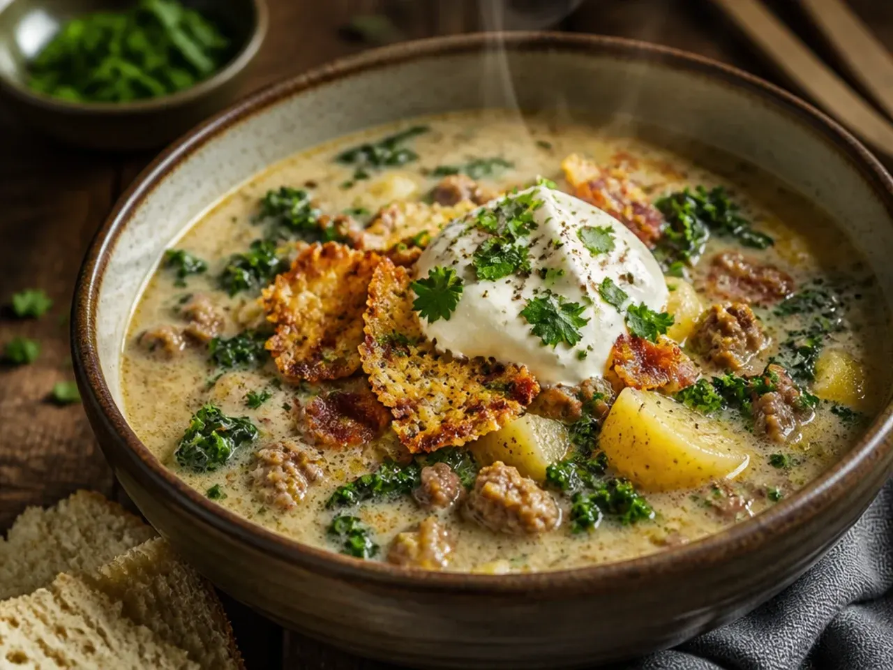 Bowl of zuppa toscana soup finished under the grill with a bubbling, browned Parmesan crust
