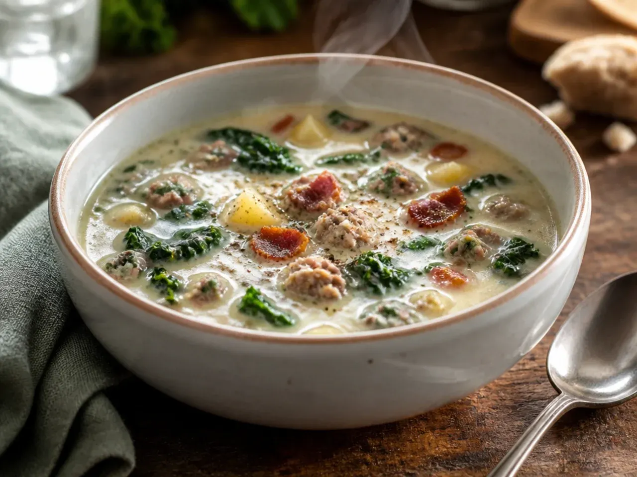 Lighter zuppa toscana soup made with turkey sausage, turkey bacon and kale