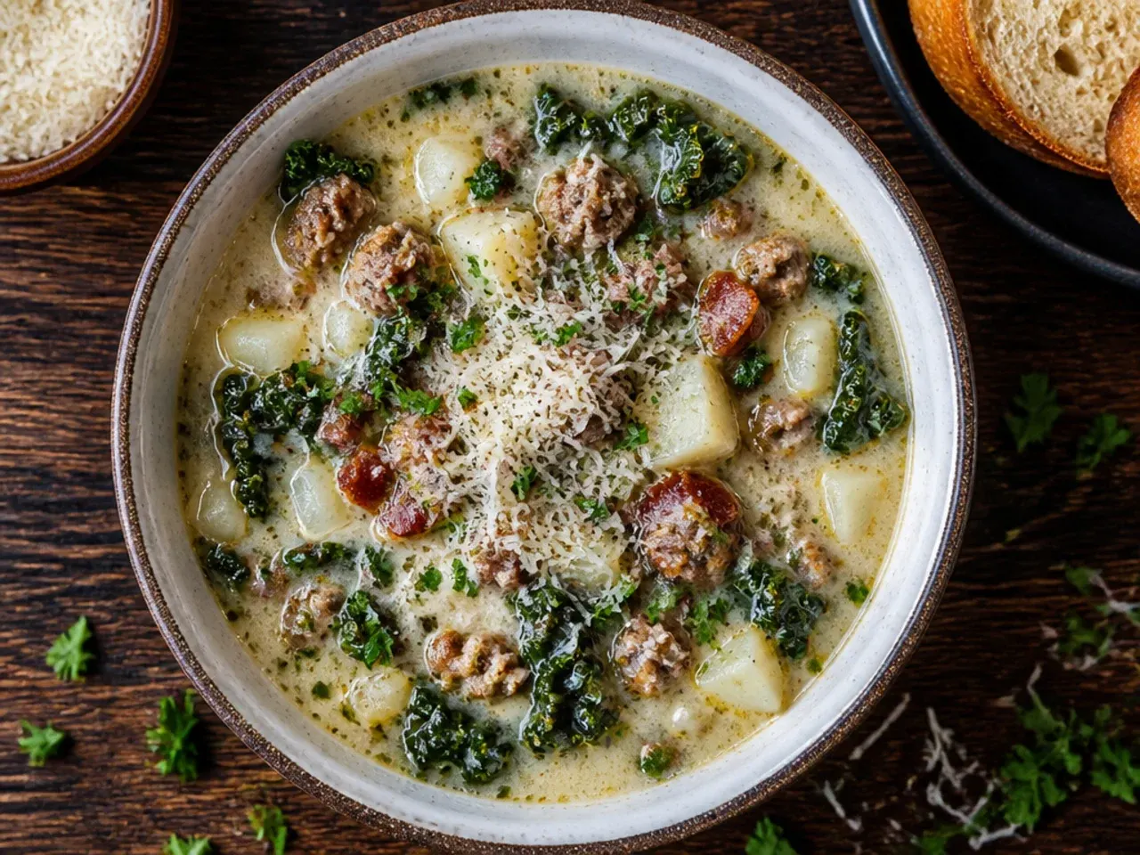 Budget-friendly zuppa toscana soup made with frozen spinach and stock cubes