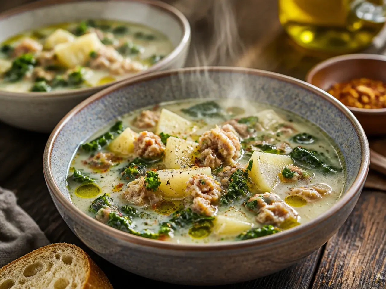 Instant Pot zuppa toscana soup with sausage, potatoes and kale ready to serve