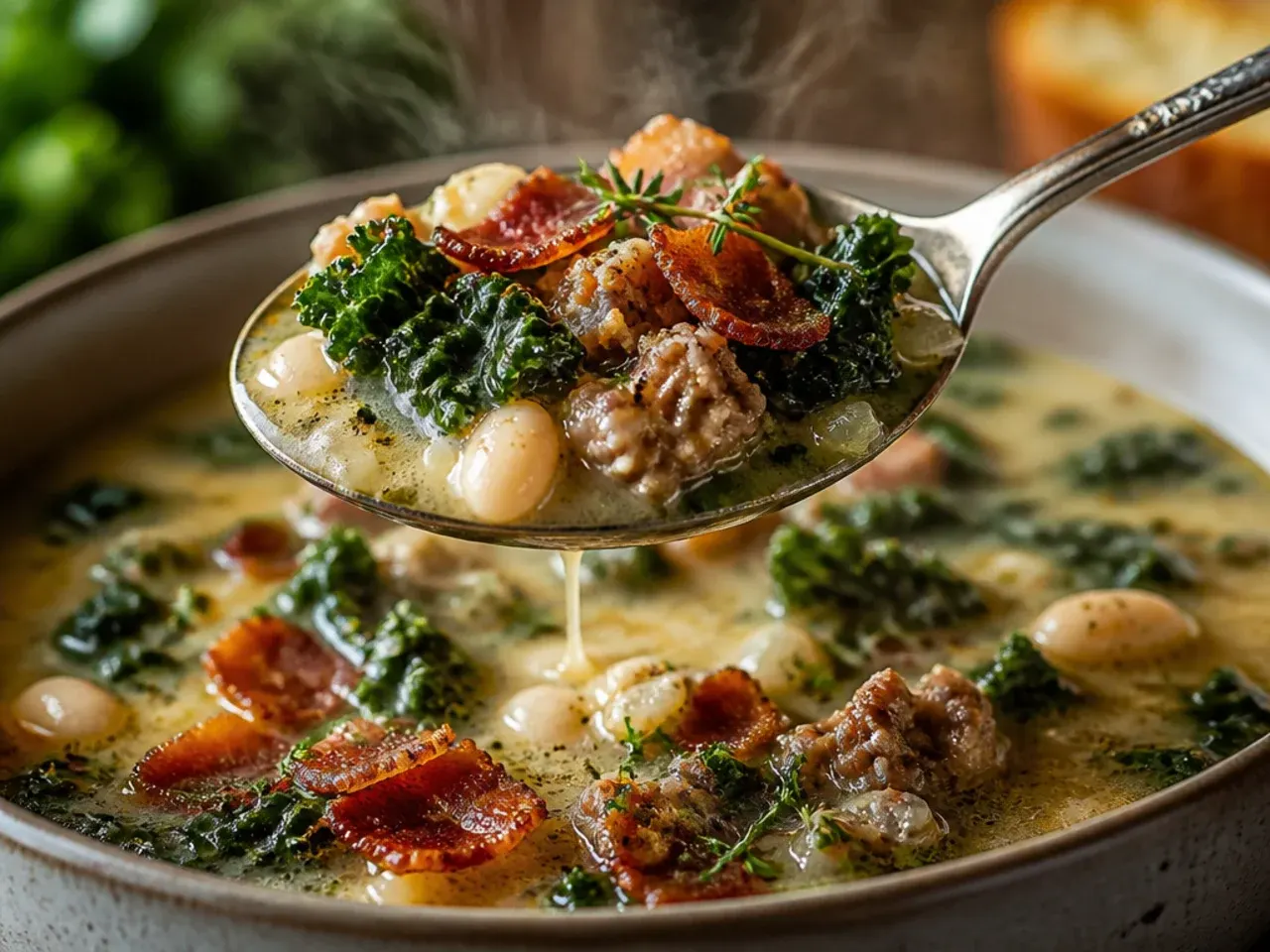 Rustic zuppa toscana soup with cannellini beans, kale and torn bread