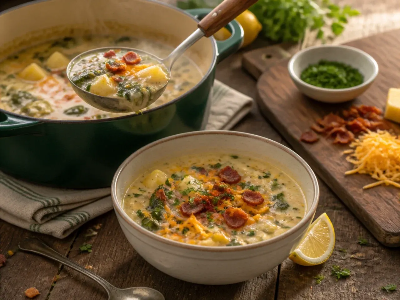 Loaded zuppa toscana soup topped with cheddar cheese, bacon crumbles and spring onions