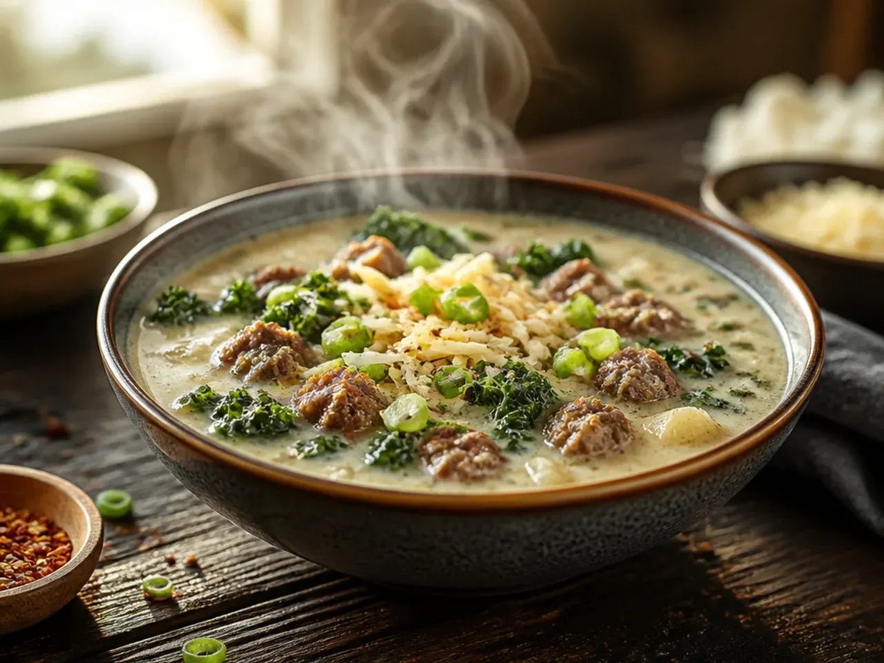 Sheet pan of roasted sausage links and potato cubes for family-style zuppa toscana soup