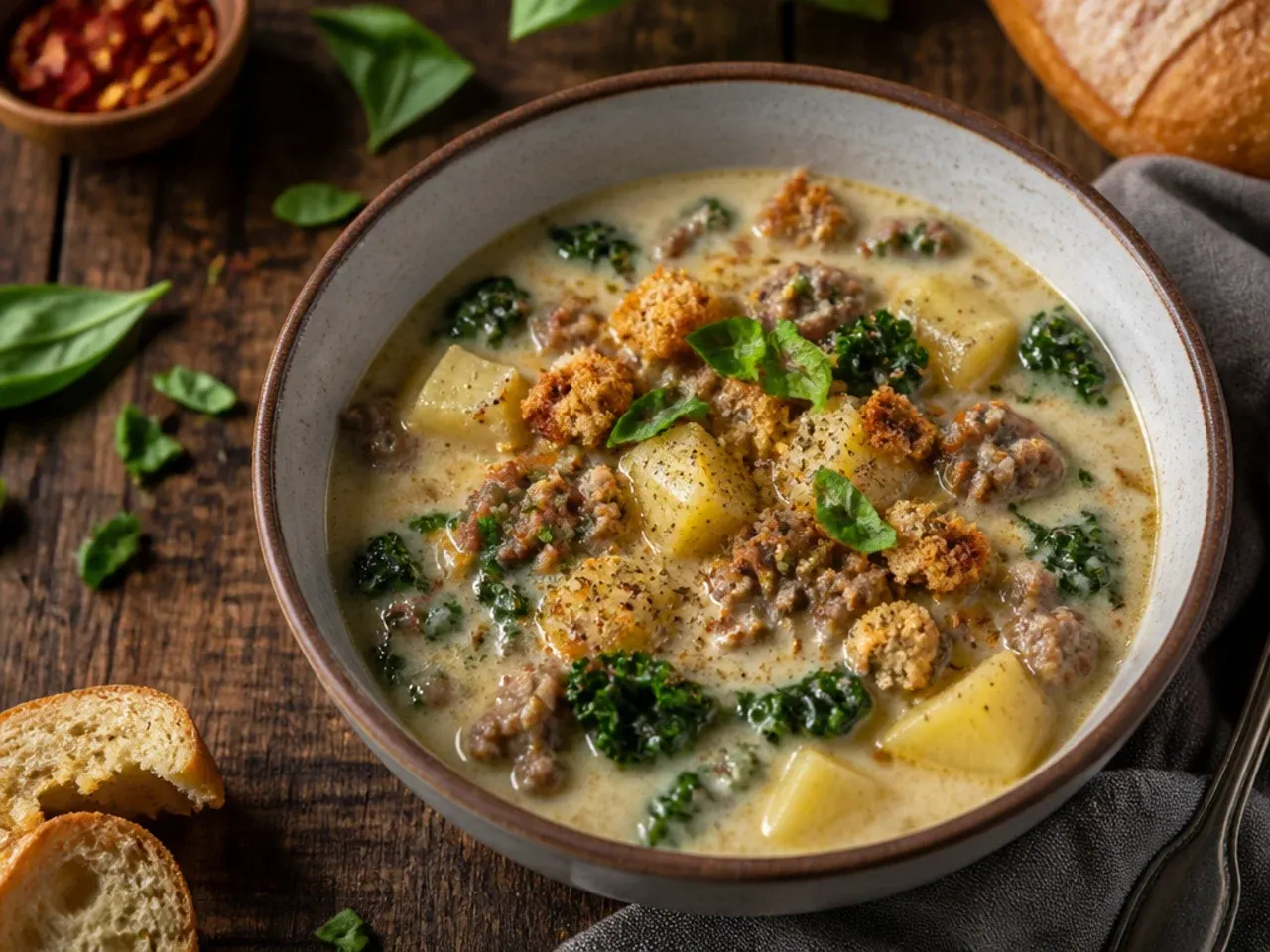 Restaurant-style zuppa toscana soup copycat with thick-cut bacon and creamy broth