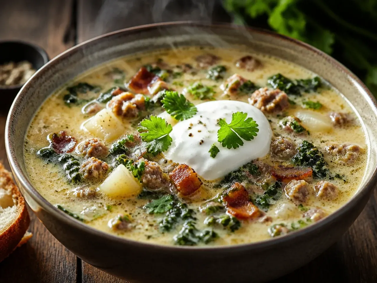 One-pot Dutch oven zuppa toscana soup with crumbled sausage, potatoes and kale
