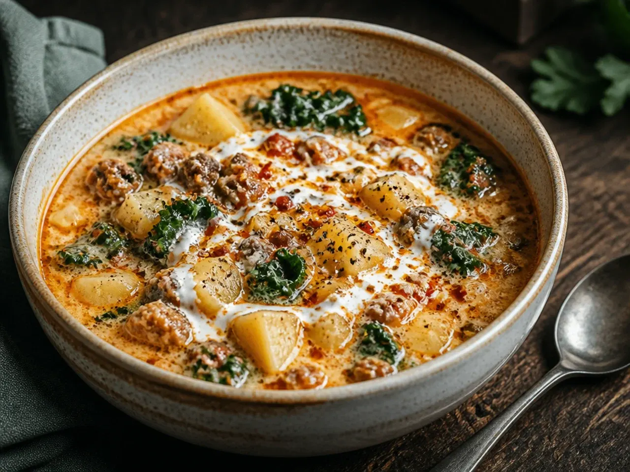 Spicy zuppa toscana soup with Calabrian chilli oil pooling on top of the creamy broth