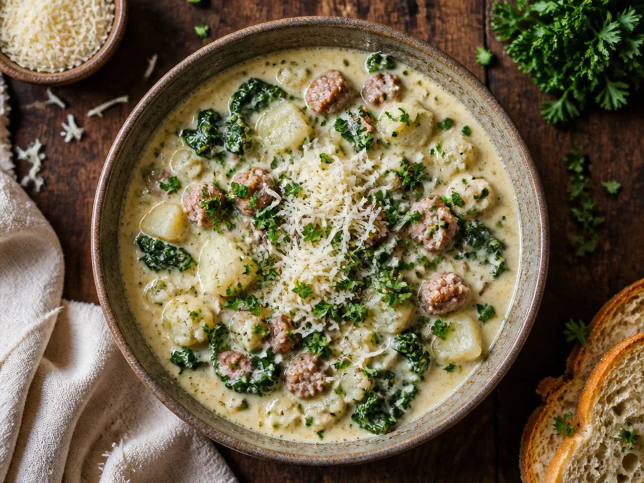 Gluten-free zuppa toscana soup made with cauliflower florets and potatoes