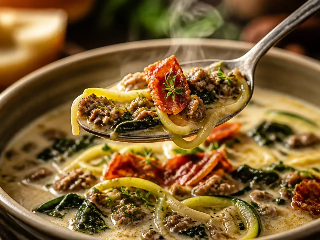 Low-carb zuppa toscana soup with spiralised courgette noodles instead of potatoes