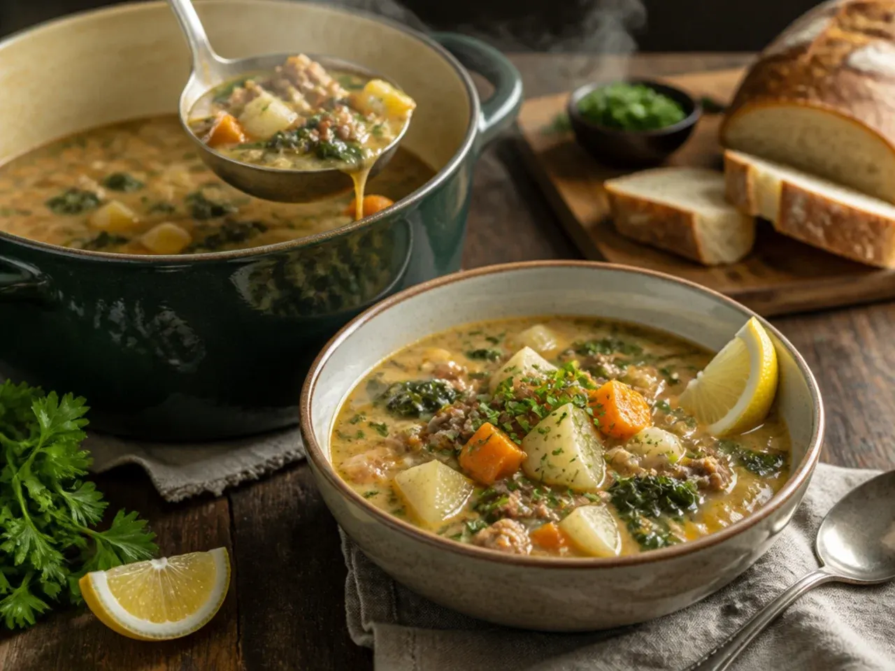 Zuppa toscana soup made with cubed sweet potato and smoked paprika