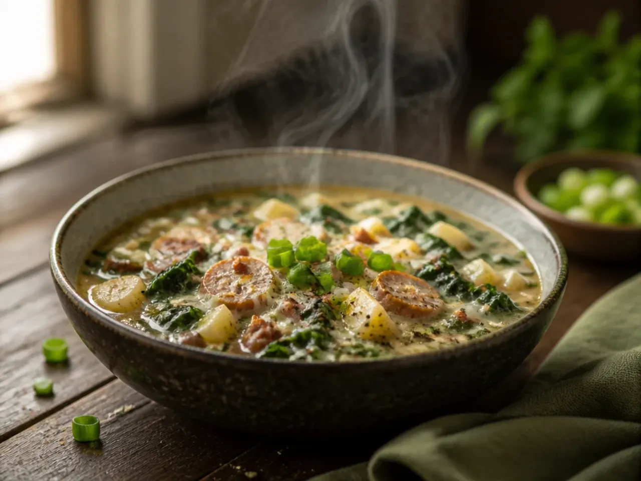 Light zuppa toscana soup made with chicken sausage and wilted baby spinach