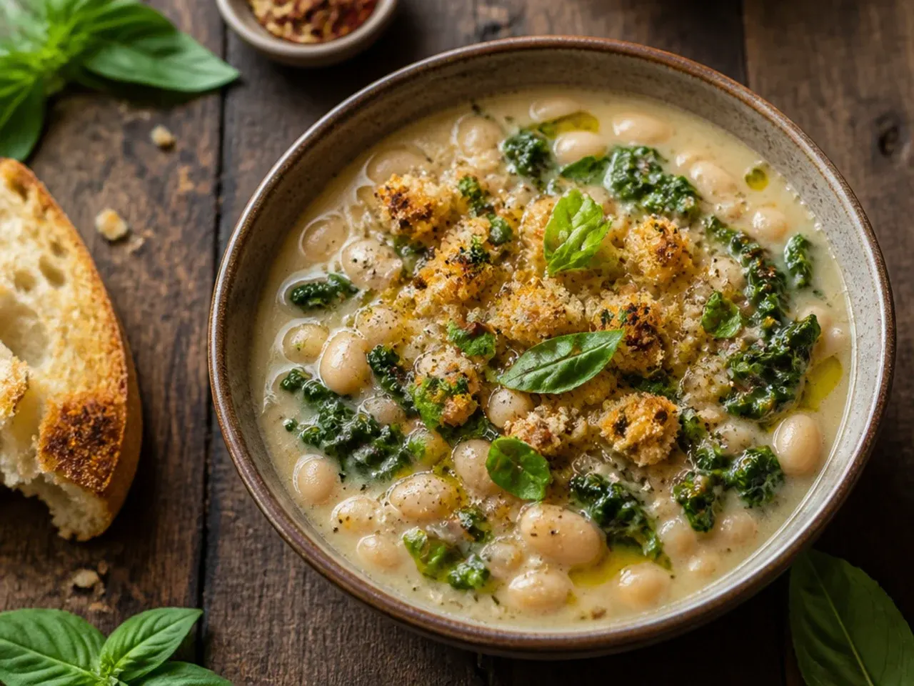 Vegetarian zuppa toscana soup made with white cannellini beans and smoked paprika