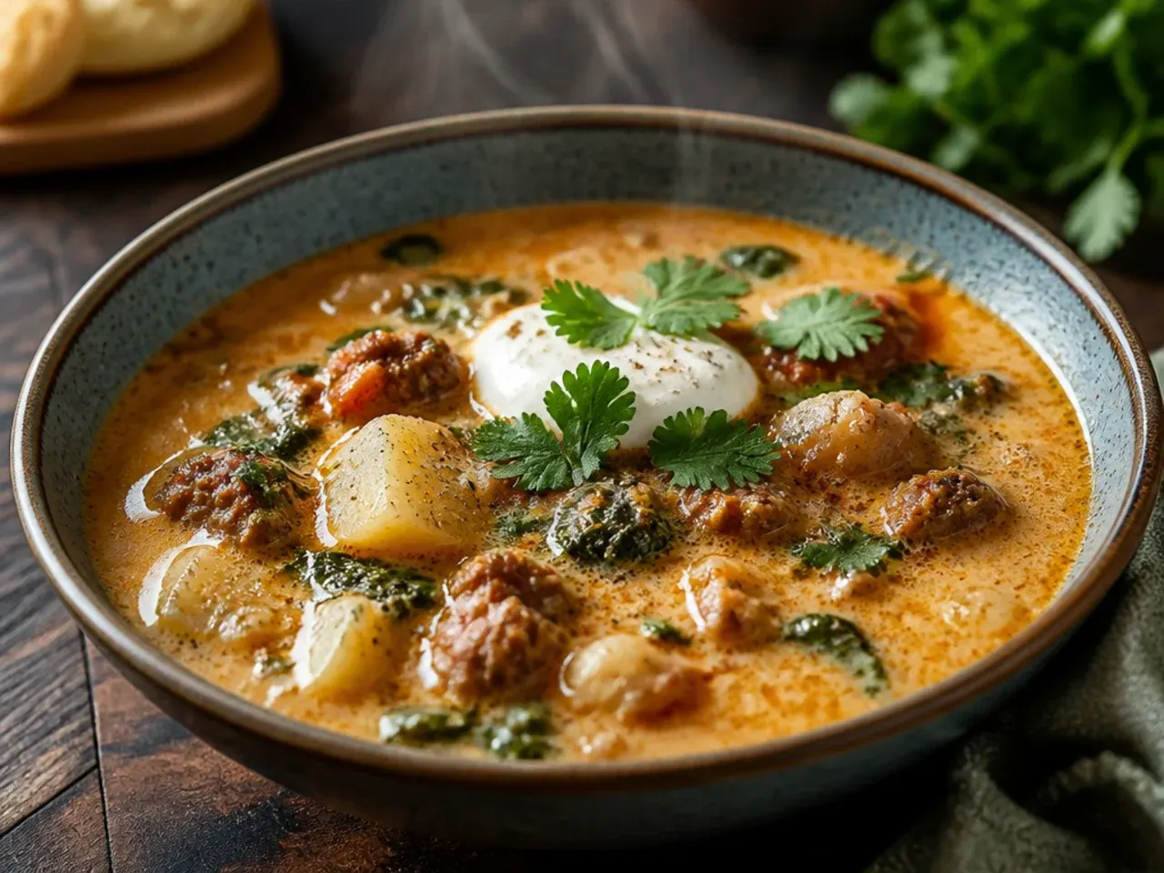 Smoky chipotle zuppa toscana soup topped with a wedge of lime