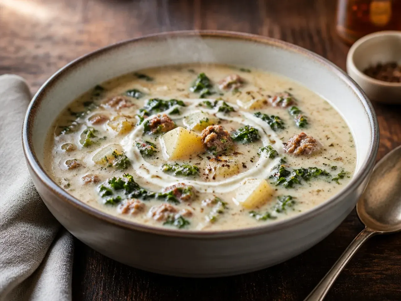 Head of roasted garlic beside a pot of creamy zuppa toscana soup