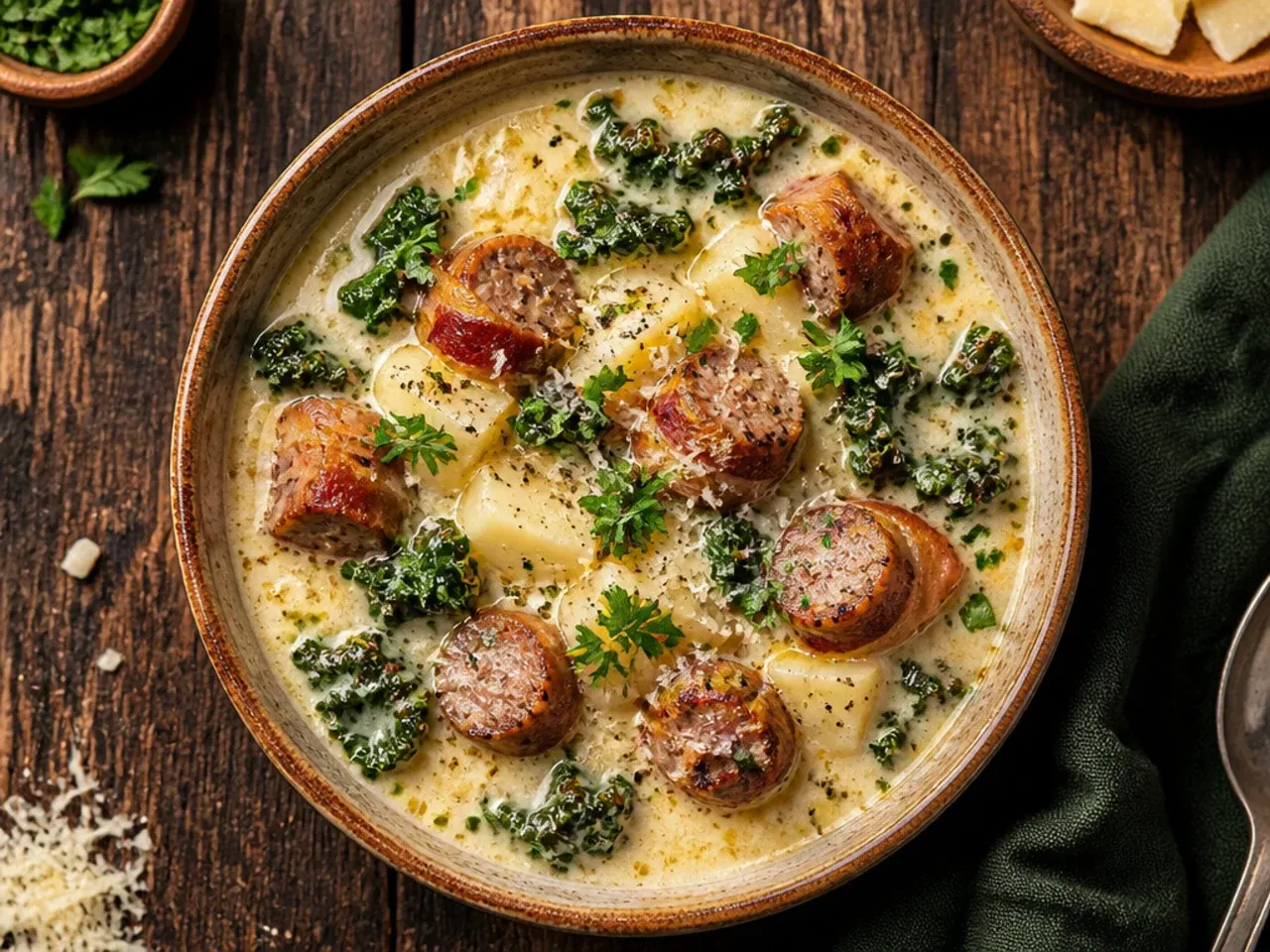 Bacon-wrapped sausage rounds served on top of creamy zuppa toscana soup