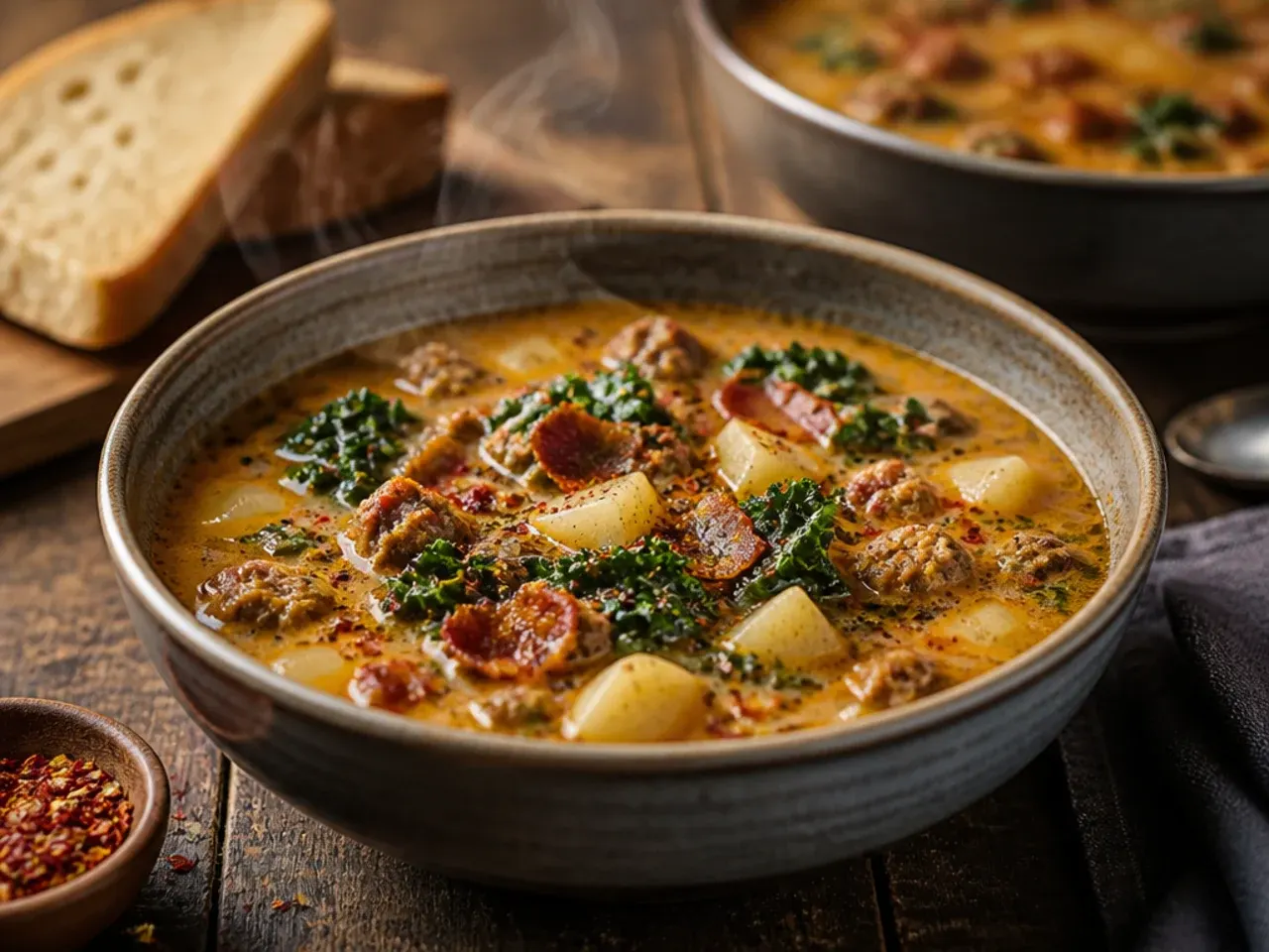 Zuppa toscana soup with fire-roasted tomatoes stirred through the creamy broth
