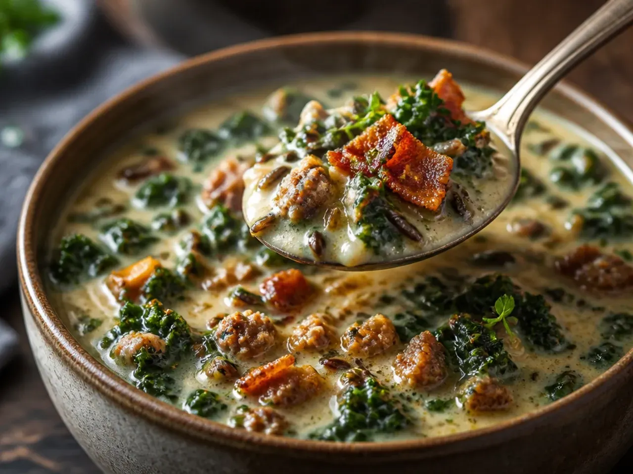 Zuppa toscana soup with wild rice, sausage and kale in a hearty broth