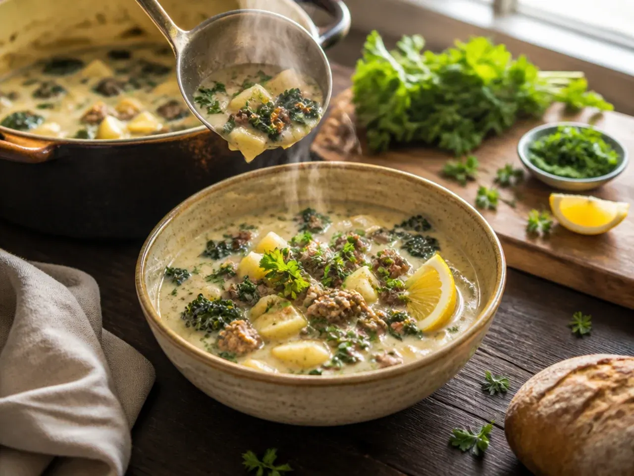 Zuppa toscana soup finished with herb butter and crispy fried sage leaves
