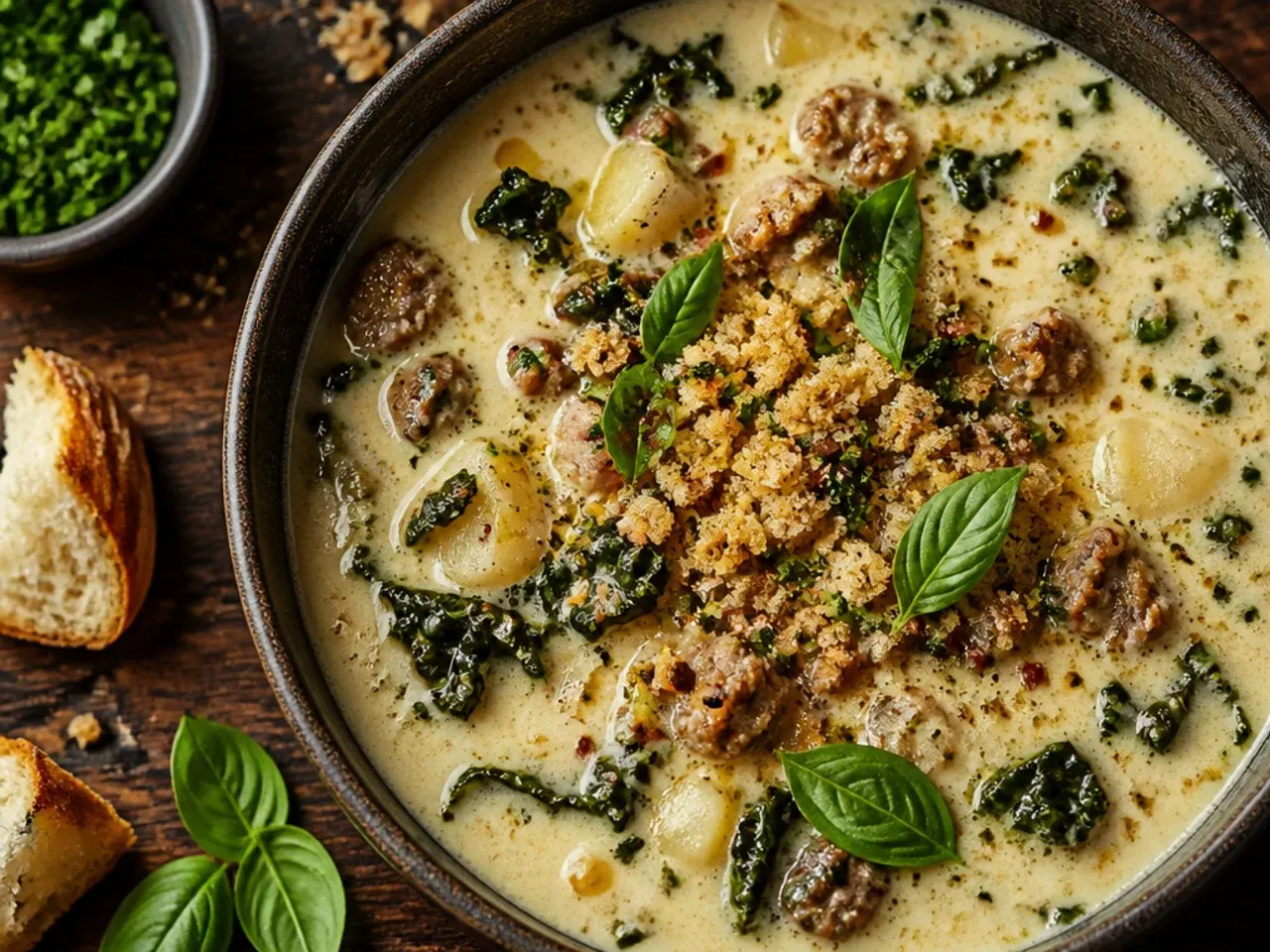 Elegant bowl of zuppa toscana soup drizzled with truffle oil and Parmesan shavings