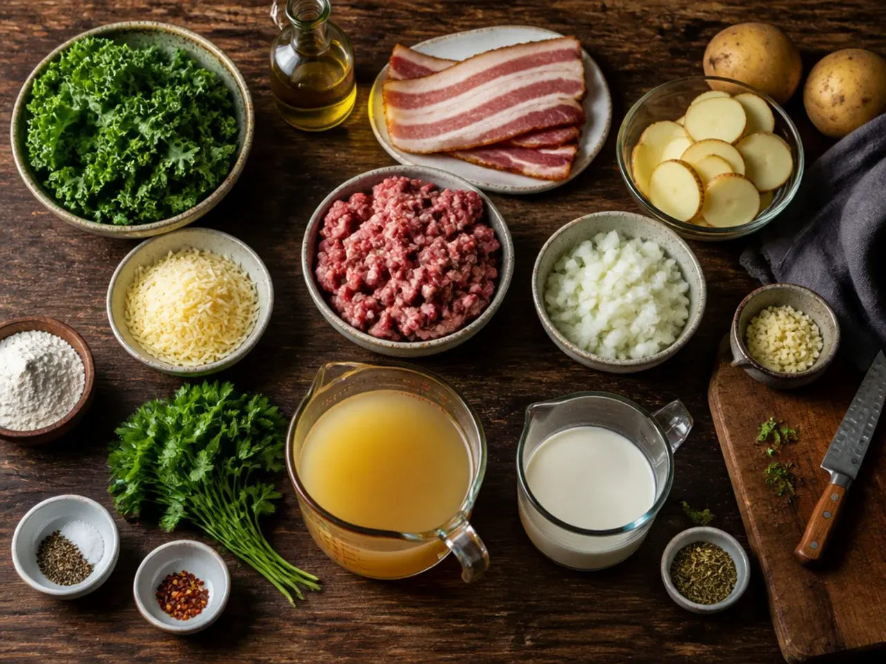 Close-up of sliced potatoes and chopped kale ready to go into zuppa toscana soup