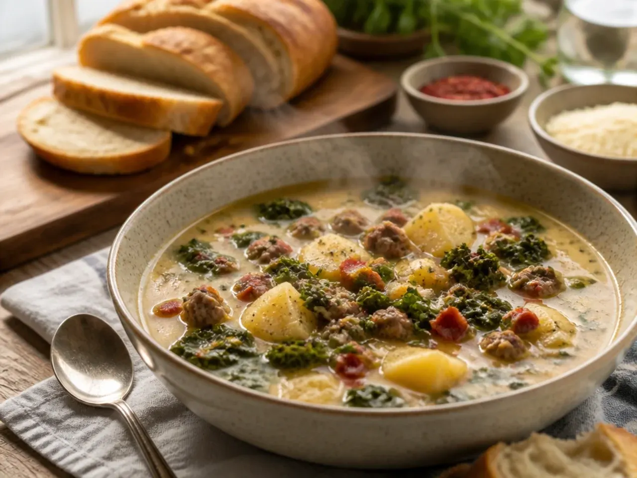 Bowl of zuppa toscana soup served with a side of crusty bread and a green salad