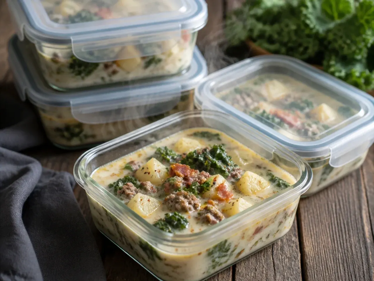 Leftover zuppa toscana soup stored in a glass airtight container in the fridge